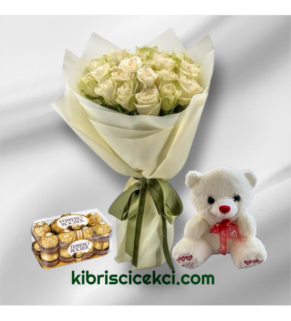 19 Beyaz Gül Buketi Ayıcık 16'lı Ferrero Çikolata